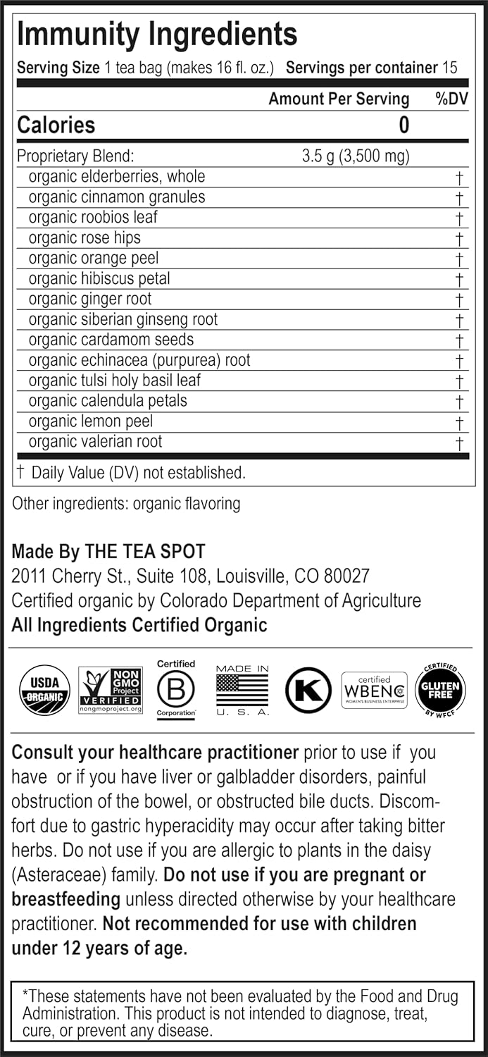 The Tea Spot Organic Immunity Tea with Natural Vitamin C for Immune Support|Blend of Adaptogens, Elderberry, Orange Peel, Ginger, Basil, Lemon Peel & Valerian Root | Caffeine-Free 15 Tea Bags