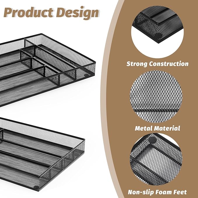 Silverware Organizer Metal Mesh, Large Drawer Organizer, Utensil Cutlery Tray for kitchen drawers, Flatware Organizer with 6 Compartment, Black (11.3”*16“)