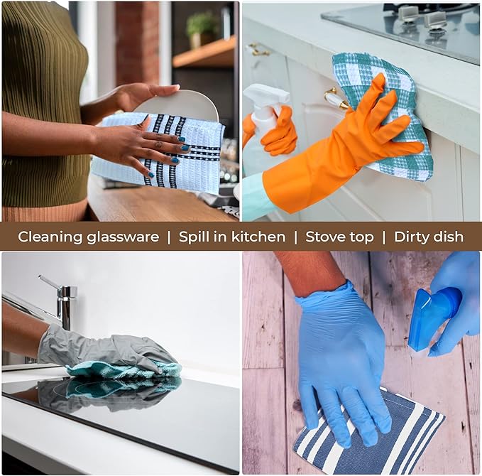 Urban Villa Cotton Dish Cloth Set of 8, Waffle Kitchen Cloth 12x12 Inch Highly Absorbent Soft Dish Cloths for Kitchen Cleaning & Drying Dishes Mitered Corner Dish Towels - Grey White, Checks