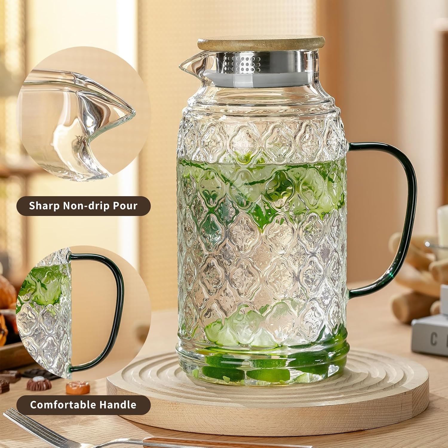 Glass Pitcher with Lid, 2 PACK 68 oz/2 Liter Vintage Water Pitcher With Serving Tray, Clear Borosilicate Glass Water Carafe for Cold Brew, Coffee, Lemonade, Iced Sun Tea,Beverage, Heat Resistant