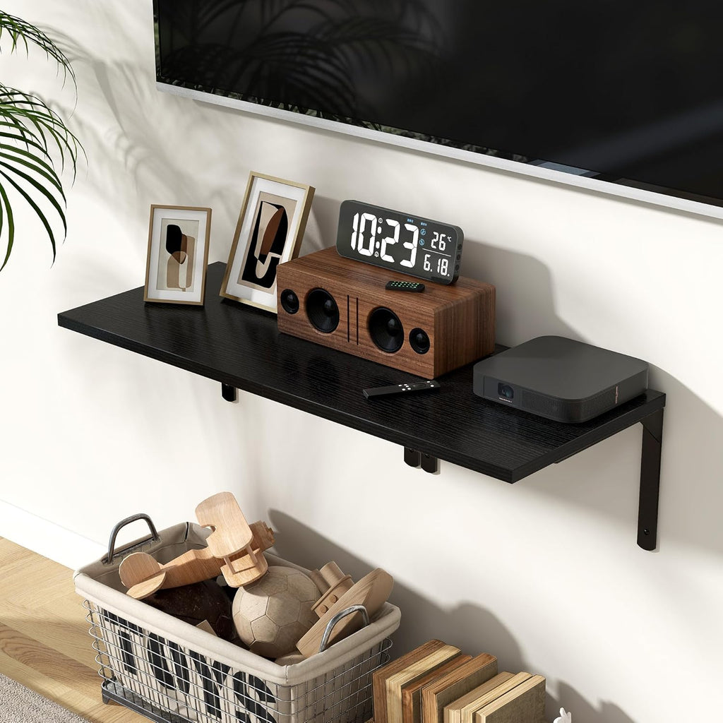 Fun Memories Floating Shelves for Wall, 12 Inch Deep Floating Shelves Set of 2, Wall Mounted Shelf with Metal Brackets, Rustic Wood Wide Shelf for Bathroom, Kitchen and Living Room, Black, 16W x 12D