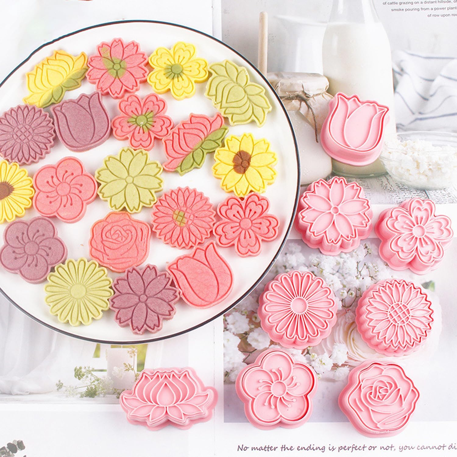8PCS Flowers Cookie Cutter Sets Daisy Rose Cookie Cutters with Plunger Stamps Sun Flower 3D Plastic Pressable Biscuit Molds Cake Cooie Baking DIY Supplies (A8)