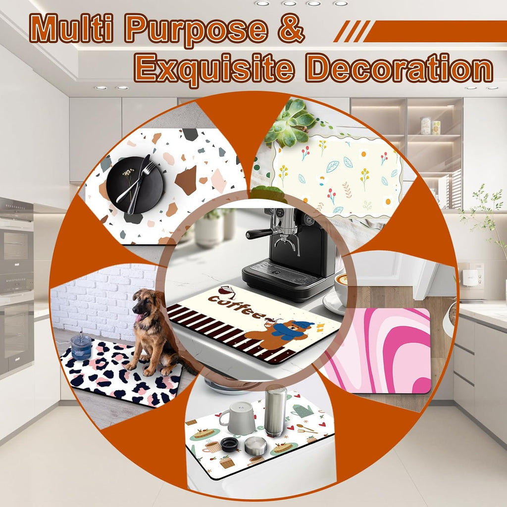 Dish Drying Mat 16" X 24", Super Absorbent & Cuttable Coffee Mats for Countertop, Kitchen Counter Mat Fits Under Coffee Maker or Machine, Hide Stain Drying Pad for Dish Drying Rack, Cute Flower