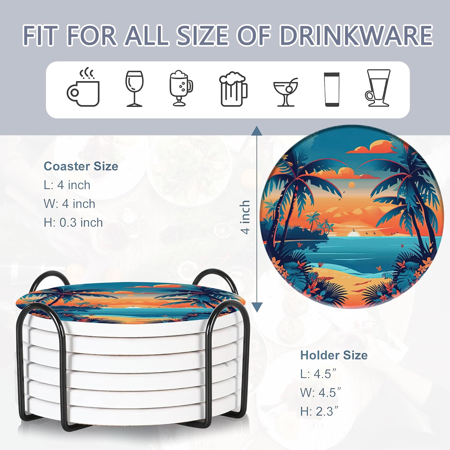Drink Coasters Set of 6 with Holder, Palm Trees Beach Sunset Absorbent Ceramic Drink Coaster for Tabletop Protection,Suitable for Kinds of Cups,Drinks Coasters for Home Office Decoration(4 Inches)