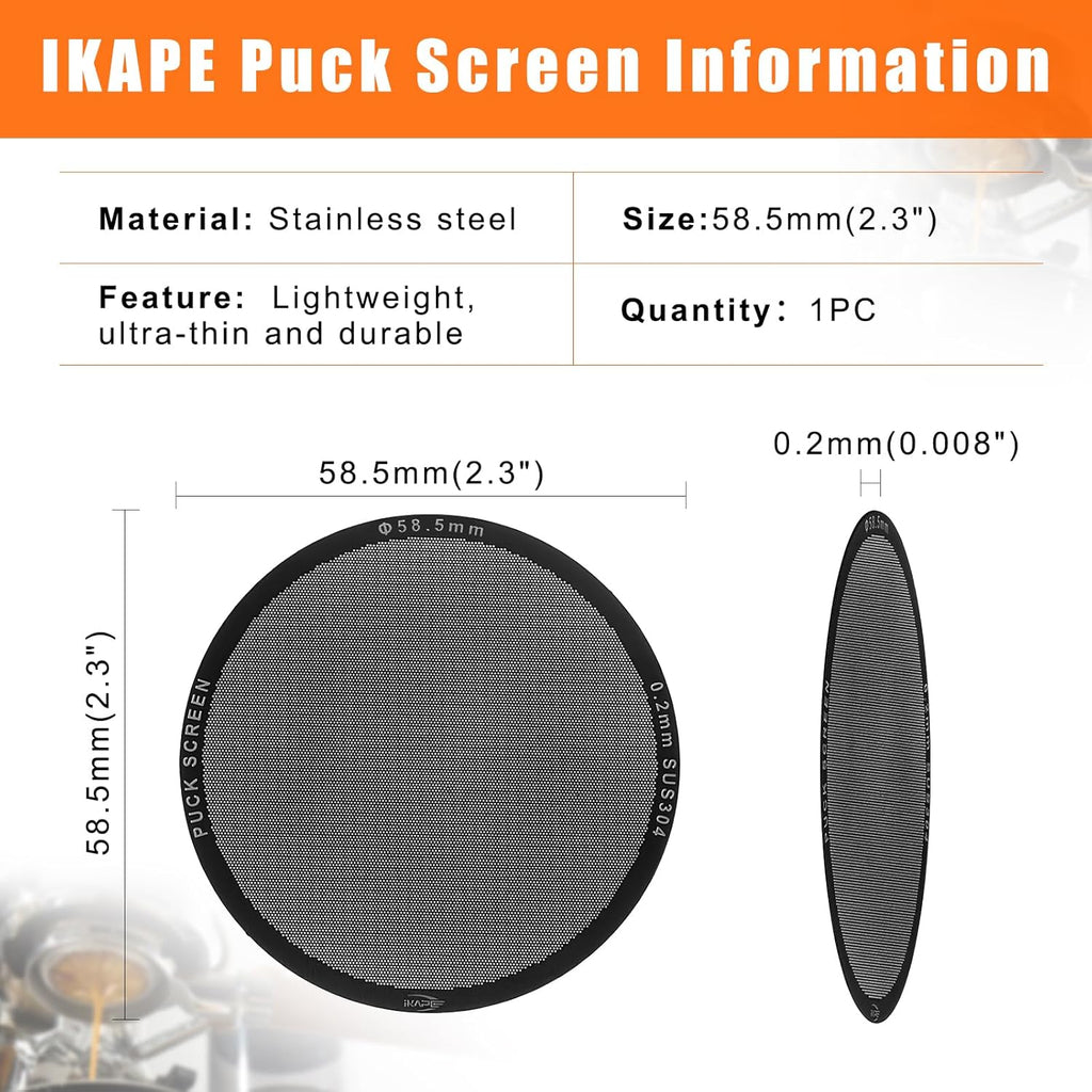 IKAPE 58.5mm Espresso Puck Screen, 0.2mm Thickness, Reusable Metal Ultra-thin & Ultra-light Coffee Filters, Food-grade 316 Stainless Steel Coffee Puck Screen for Espresso Baristas(black)