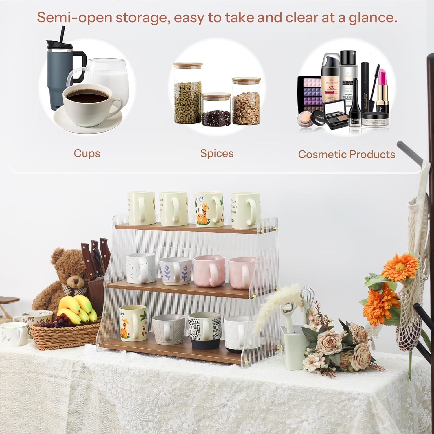 Coffee Mug Holder Wooden Cup Station Organizer 3 Tier Cup Holder for Coffee Bar Mug Display Rack for Countertop Mug Holder Shelf for Home Kitchen Trapezium-Nutbrown