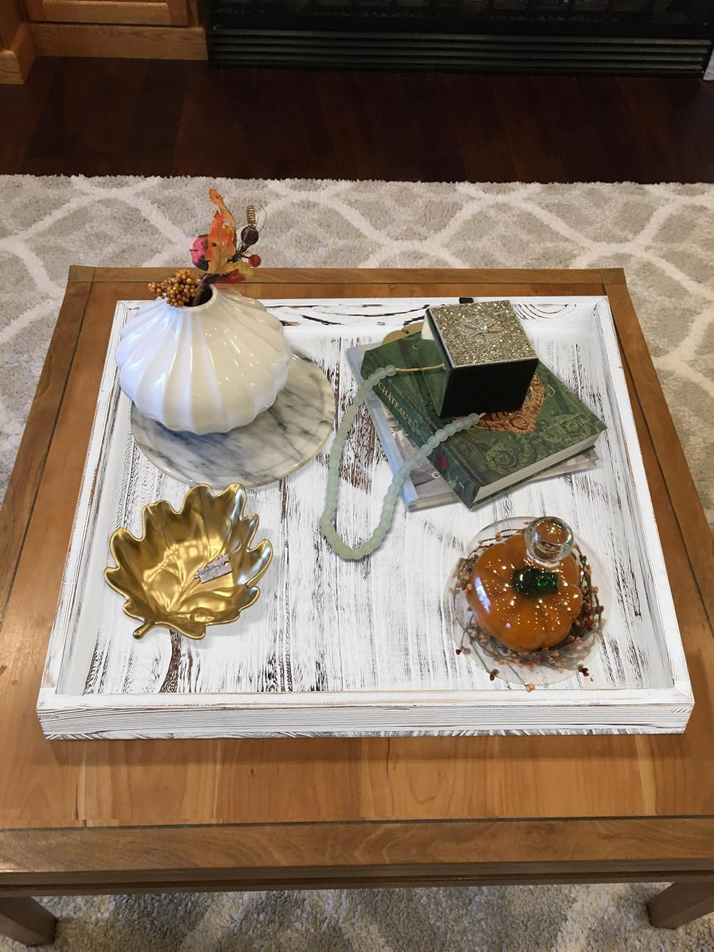 Extra Large Square Ottoman Table Tray 20" - Rustic Wooden Serving Tray for Farmhouse Decorative Oversized Coffee Table Trays Living Room Kitchen Counter Breakfast White