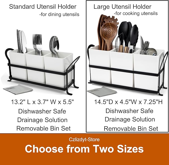 Large Kitchen Utensil Holder, Drainage Utensil Caddy for Countertop, 3pcs Bins Set Cooking Utensil Organizer for Spoons, Spatulas, White