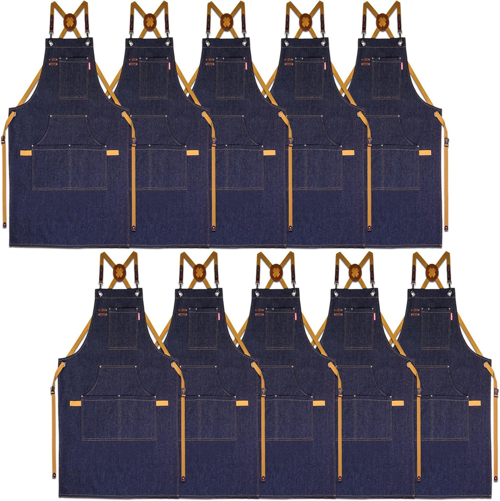 10 Pack Kitchen Aprons, Work Apron, Canvas, Multiple Pockets, Gardening, Painting, BBQ, Artist, Carpenter, Sizes M to XXL, Denim
