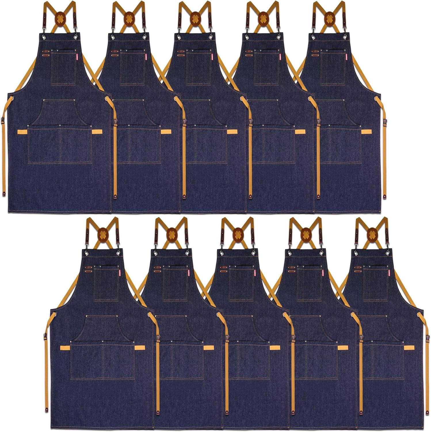 10 Pack Kitchen Aprons, Work Apron, Canvas, Multiple Pockets, Gardening, Painting, BBQ, Artist, Carpenter, Sizes M to XXL, Denim