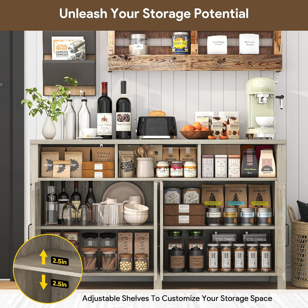 Buffet Cabinet with Storage Farmhouse with 4 Doors, 55'' Large Kitchen Storage Cabinet Wood Coffee Bar Buffet Sideboard for Kitchen, Dining Room, Entryway