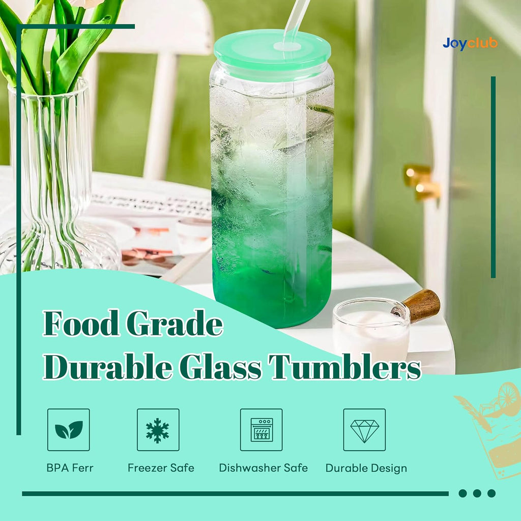 Joyclub 20oz Glass Cups with Acrylic Lids and Straws 12 Set Can Shaped Glass Iced Coffee Cups with Lids, Gradient Drinking Glasses Cute Tumbler Cup Great for Smoothie Soda Boba Tea Cocktail Beer Gift