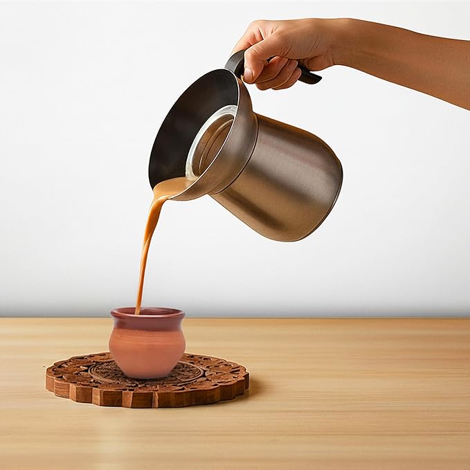 Loka Chai Maker for Authentic Masala Chai & Chai Latte | Easy Clean Stainless Steel Stovetop Tea Maker with Innovative Chai Fountain | Non-Stick Ceramic, 20oz (3 Cups) - (Stainless Steel Strainer)