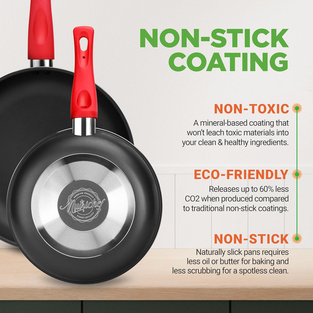 NutriChef 21-Piece Nonstick Cookware Set - PTFE/PFOA/PFOS Free Heat Resistant Lacquer Kitchen Ware Pots Pan w/ Cool-Touch Handles, Saucepan, Fry Pans, Lid, Bakeware, For Gas Electric Ceramic Cooktops