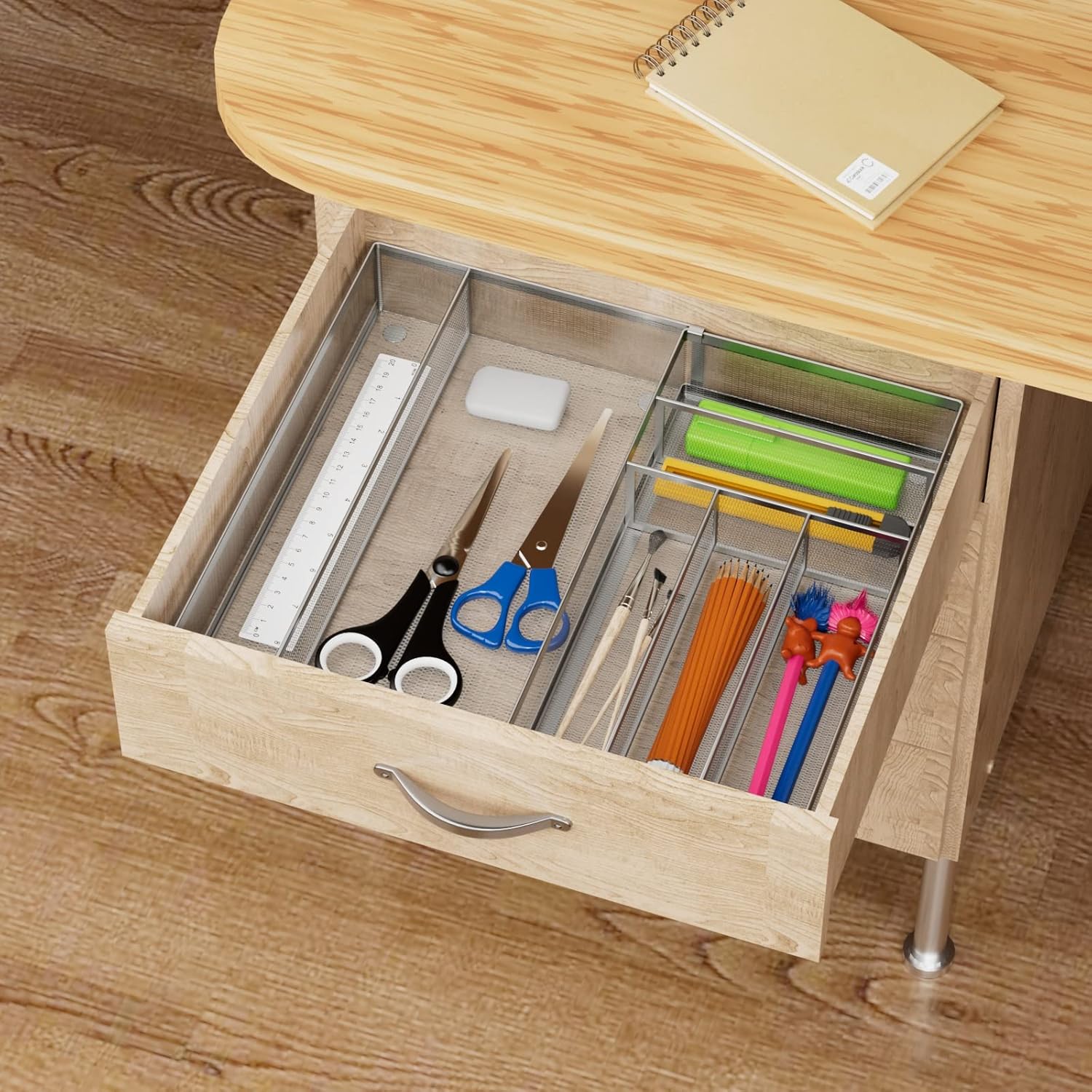 JANE EYRE Utensil Drawer Organizer - Expandable Cutlery Tray, Silverware/Flatware Storage Divider for Kitchen, Mesh Designing with Non-slip Rubber Feet (Silver)