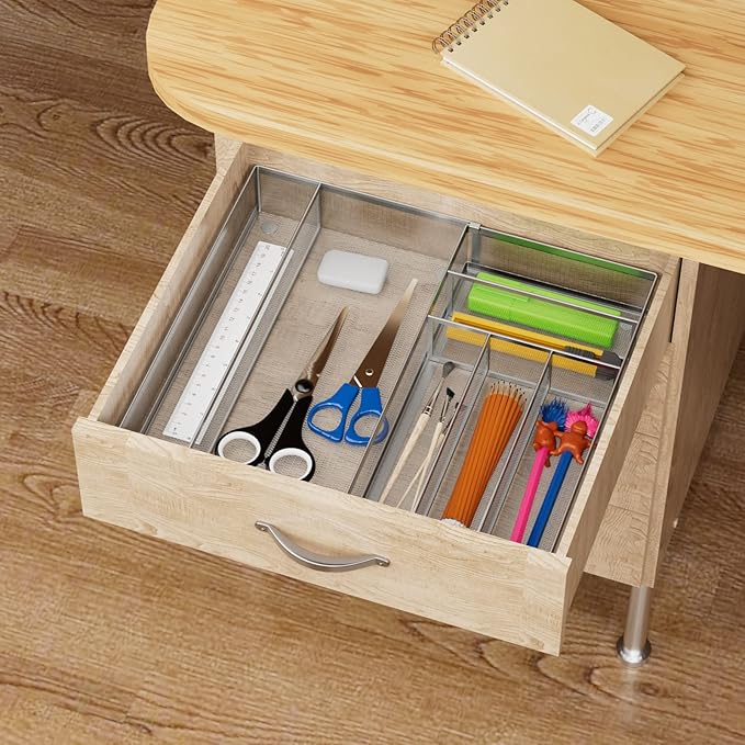 JANE EYRE Utensil Drawer Organizer - Expandable Cutlery Tray, Silverware/Flatware Storage Divider for Kitchen, Mesh Designing with Non-slip Rubber Feet (Silver)