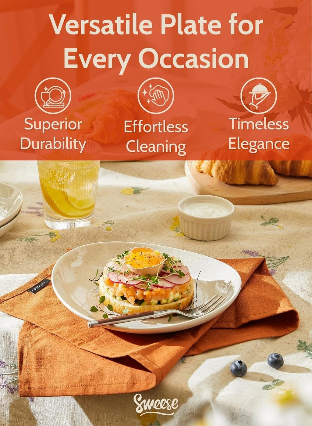 Sweese 7.8" Porcelain Dessert Plates Set, Grey, Set of 6 - Scratch Resistant, Dishwasher Microwave Safe