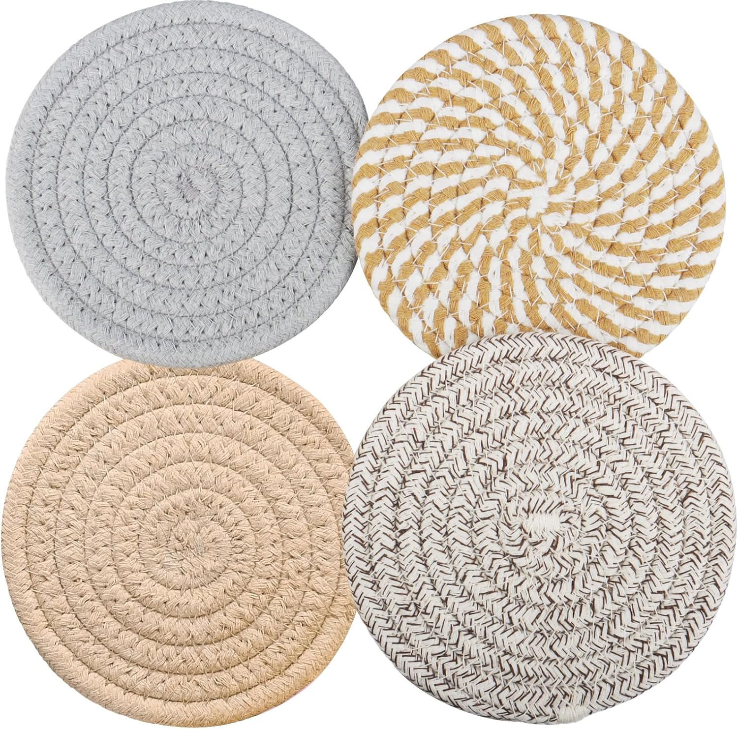 4.8IN Woven Drink Coasters Set of 4, Thick Absorbent Coasters, Boho Cotton Neutral Handmade Coaster, Table OOffice Desk Decor Posavasos for Coffee Cups with Giftbox (Multicolored, 4.8inch)