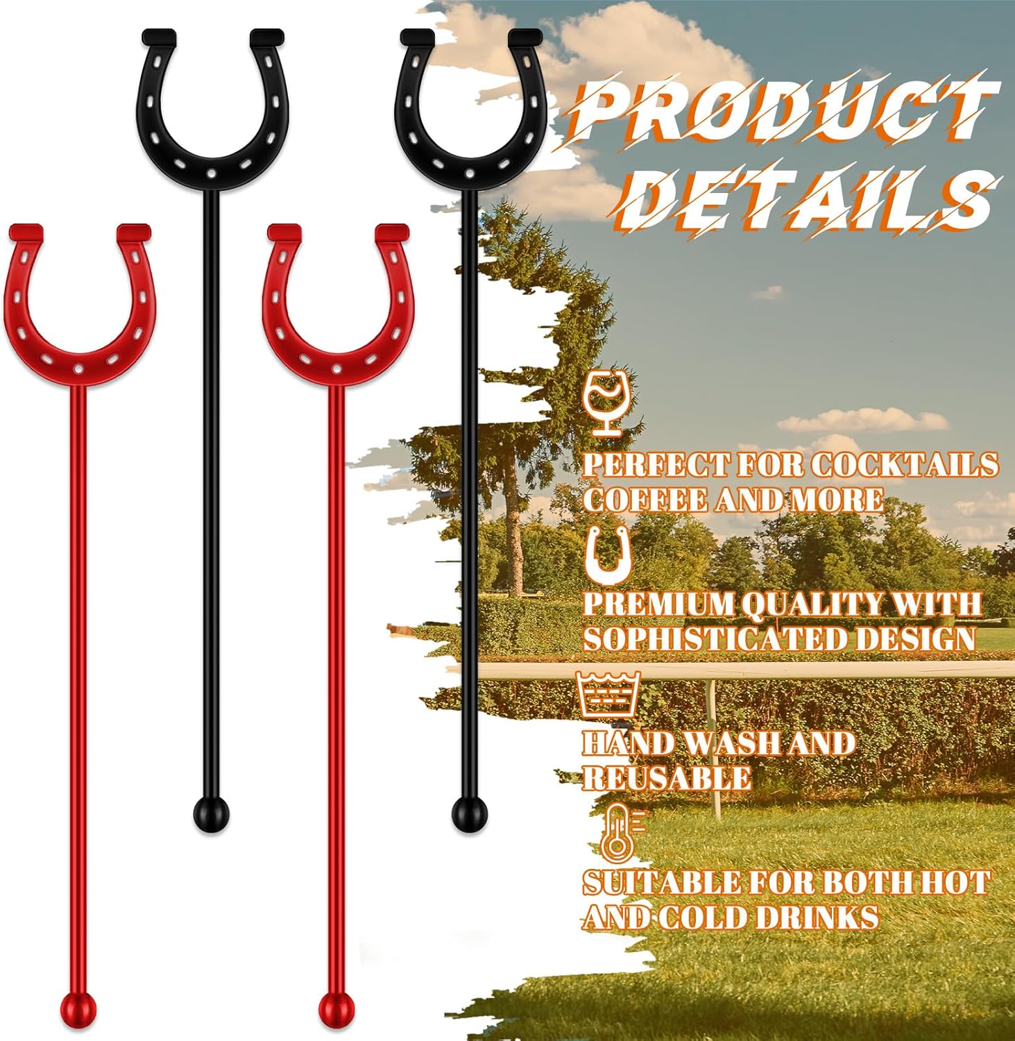 6 Inch Derby Drink Plastic Stirrers Swizzle Sticks for Cocktails Coffee Reusable U Shaped Horseshoe Drink Stirrers for Coffee Beverage Party Bar Weddings Events(Black,red,30 Pcs)