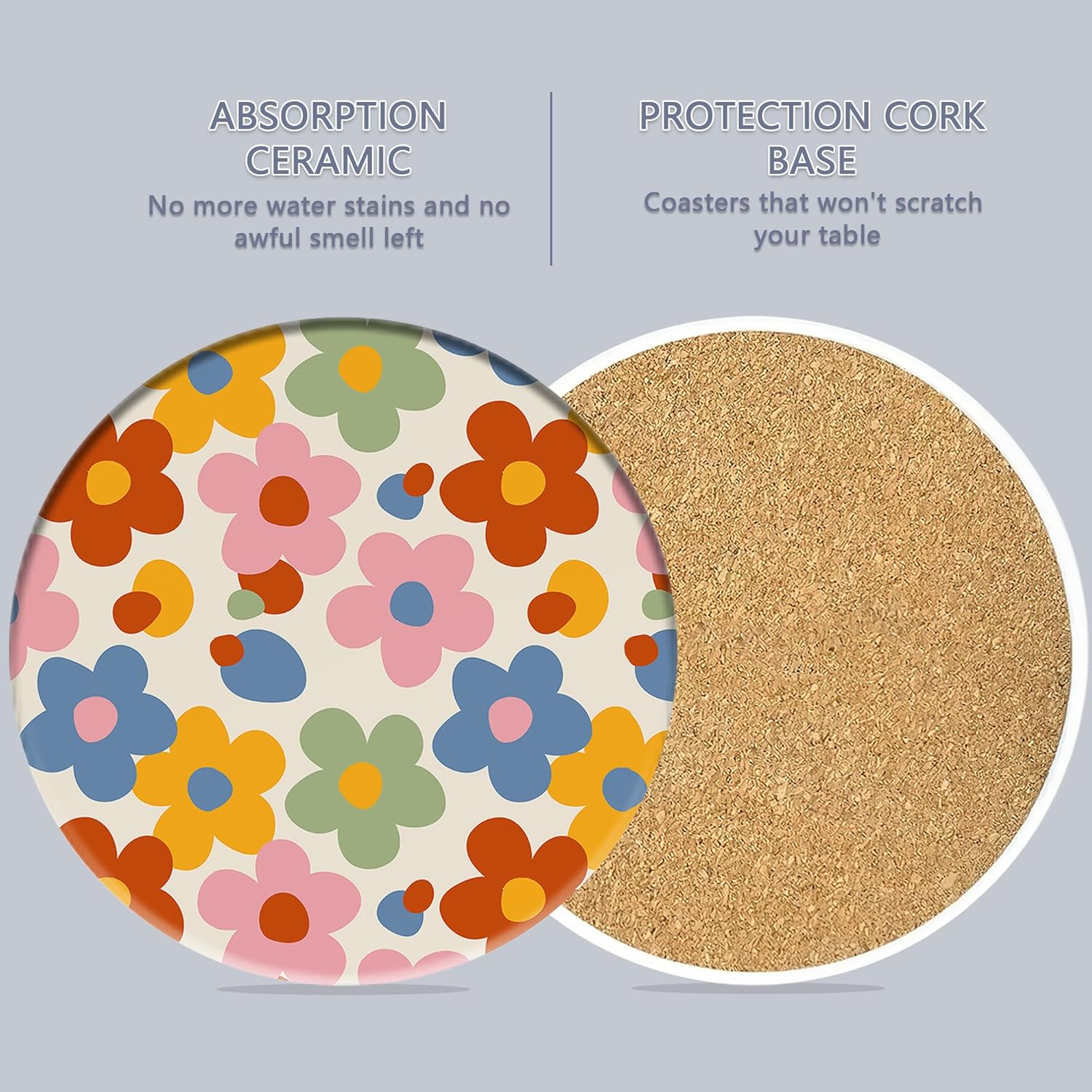 Drink Coasters Set of 6 with Holder, Vintage Groovy Flowers Absorbent Ceramic Drink Coaster for Tabletop Protection,Suitable for Kinds of Cups,Drinks Coasters for Home Office Decoration(4 Inches)