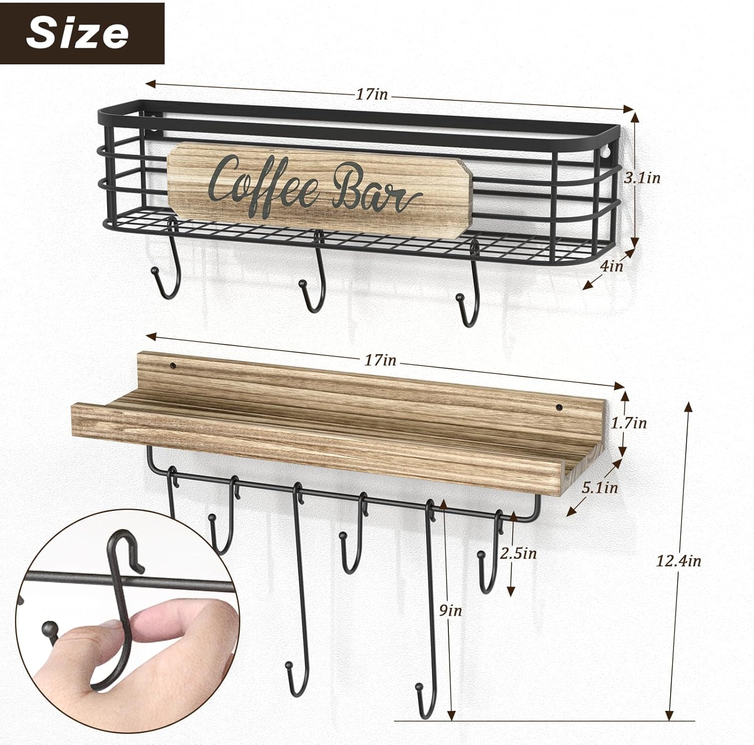 Floating Mug Racks 2 Pack - Wall Mounted Coffee Cup Holder with 12 Hooks, Mug Organizer for Kitchen, Farmhouse Coffee Bar Decor