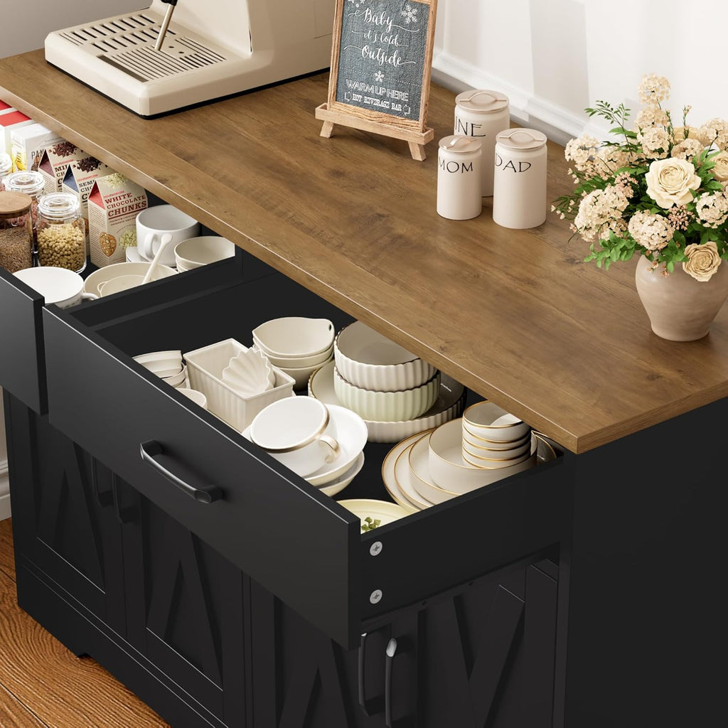 HOSTACK Buffet Cabinet with Storage, 47.2" Kitchen Sideboard Buffet with Drawers, Modern Farmhouse Coffee Bar Station with Shelves, Barn Doors Storage Cabinet for Living Room, Black/Rustic Brown