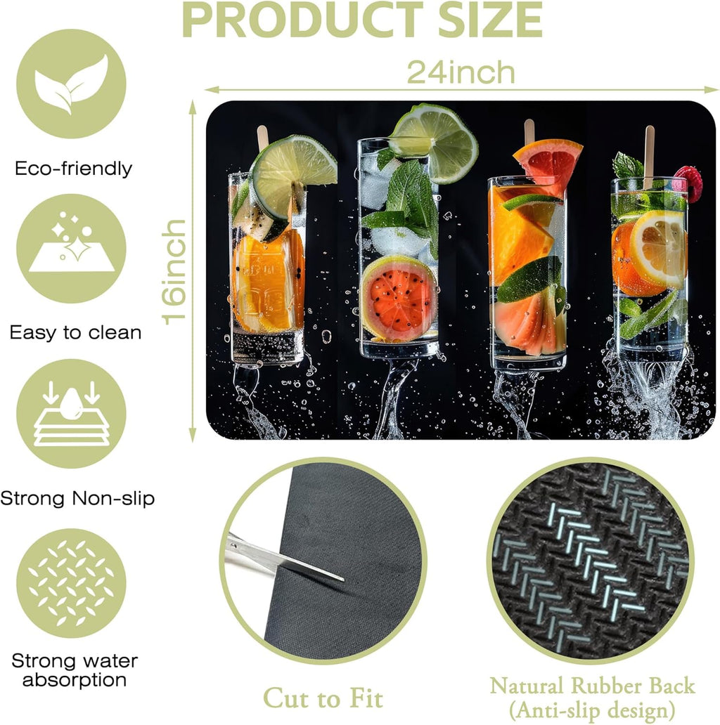 Dish Drying Mat Glasses Filled with Various Fruits Kitchen Mat 16"x24" Bsorbent Coffee Maker Mat for Dishes,Utensils Coffee Maker Pots and Pans Easy Clean Dish Slip Resistant Pad