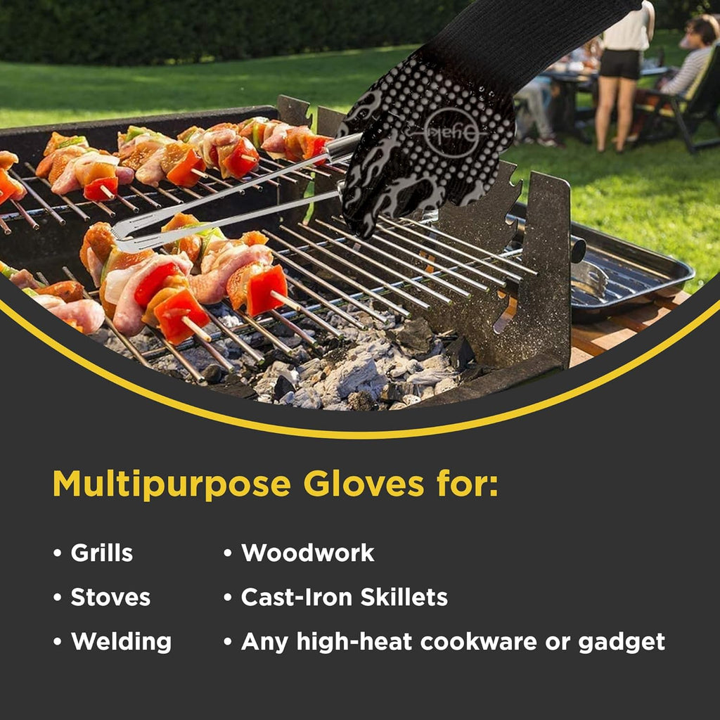 Insulated BBQ Heat Resistant Gloves - Neoprene & Polyester Barbecue Grilling Gloves with Silicone Pads for Gas Grill & Charcoal Grills Outdoor Cooking - 1400°F High Heat Fire BBQ Mittens by O-Yaki