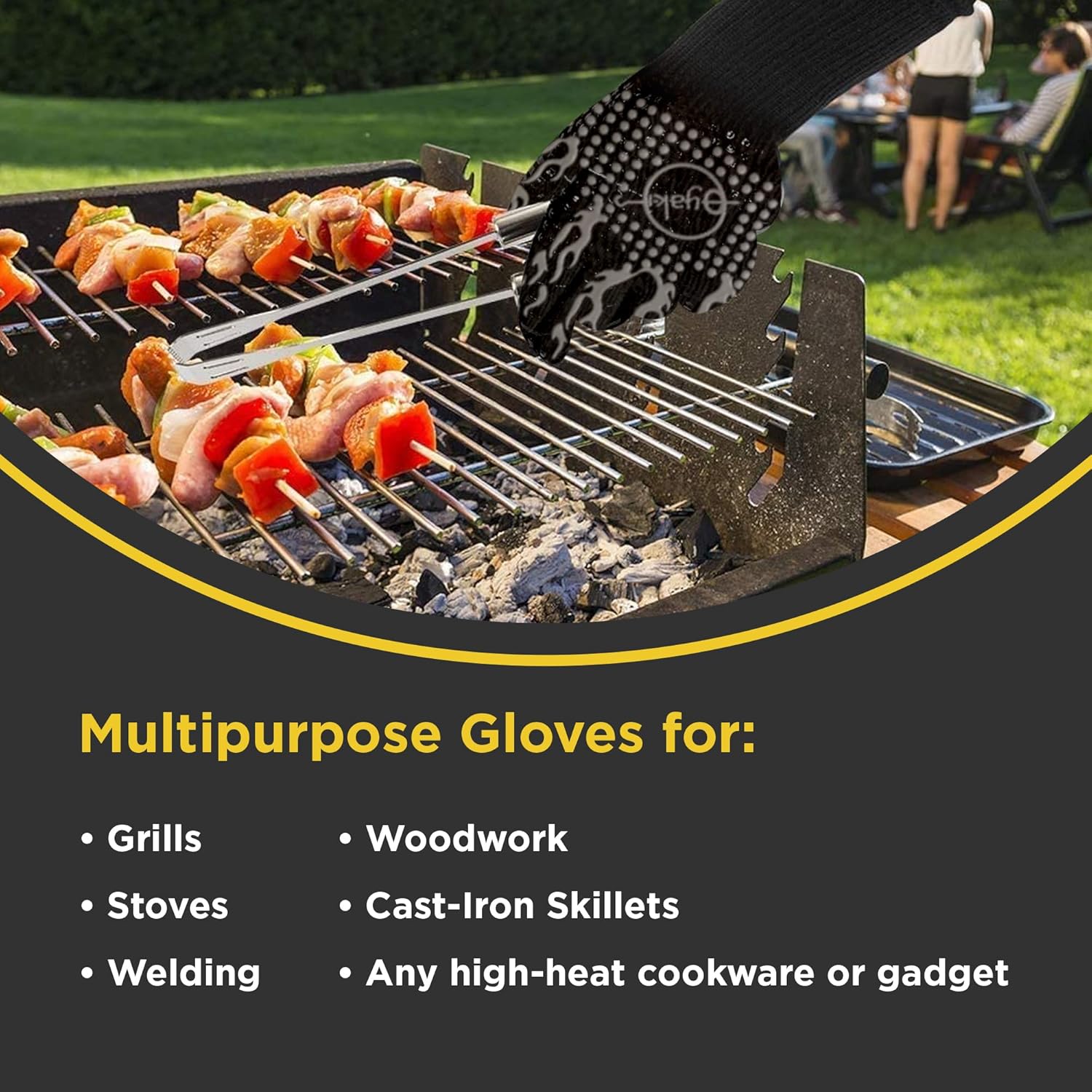 Insulated BBQ Heat Resistant Gloves - Neoprene & Polyester Barbecue Grilling Gloves with Silicone Pads for Gas Grill & Charcoal Grills Outdoor Cooking - 1400°F High Heat Fire BBQ Mittens by O-Yaki