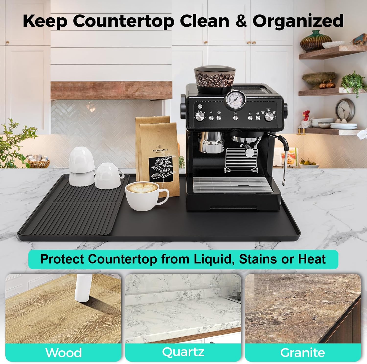 2-in-1 Coffee Mat & Dish Drying Mat Coffee Bar Mats for Countertop Coffees Matt for Counter Silicone Coffees Espresso Machine Station Mats Under coffee Maker Spill Mat Countertops Pot 24×16inch