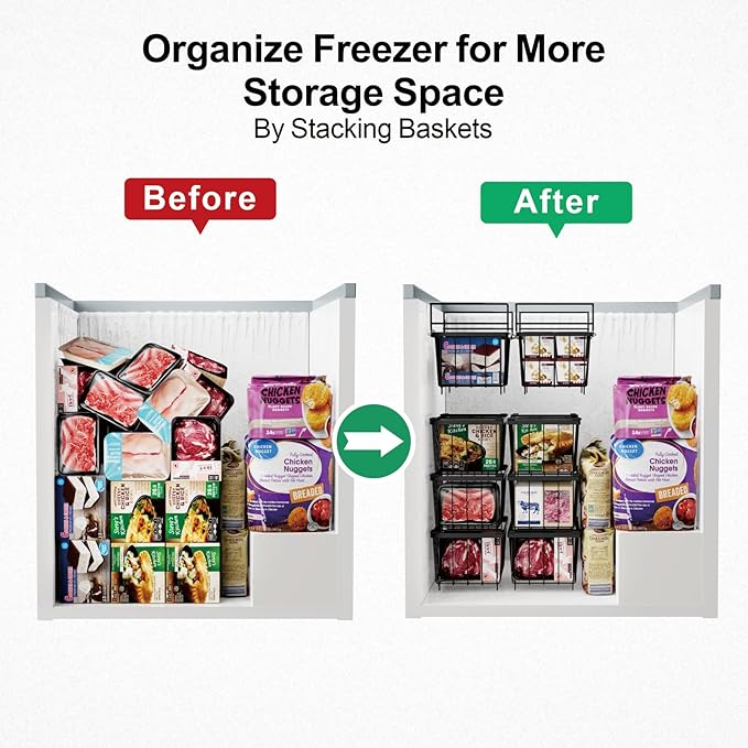 iSPECLE Freezer Organizer Bins 5 Pack- Fit 14.2~16.5 Inch Wide Chest Freezer, 7 Cu.Ft Deep Freezer Organizer Bins, 2 Small Expandable Hanging Baskets and 3 Stackable Bins, Black