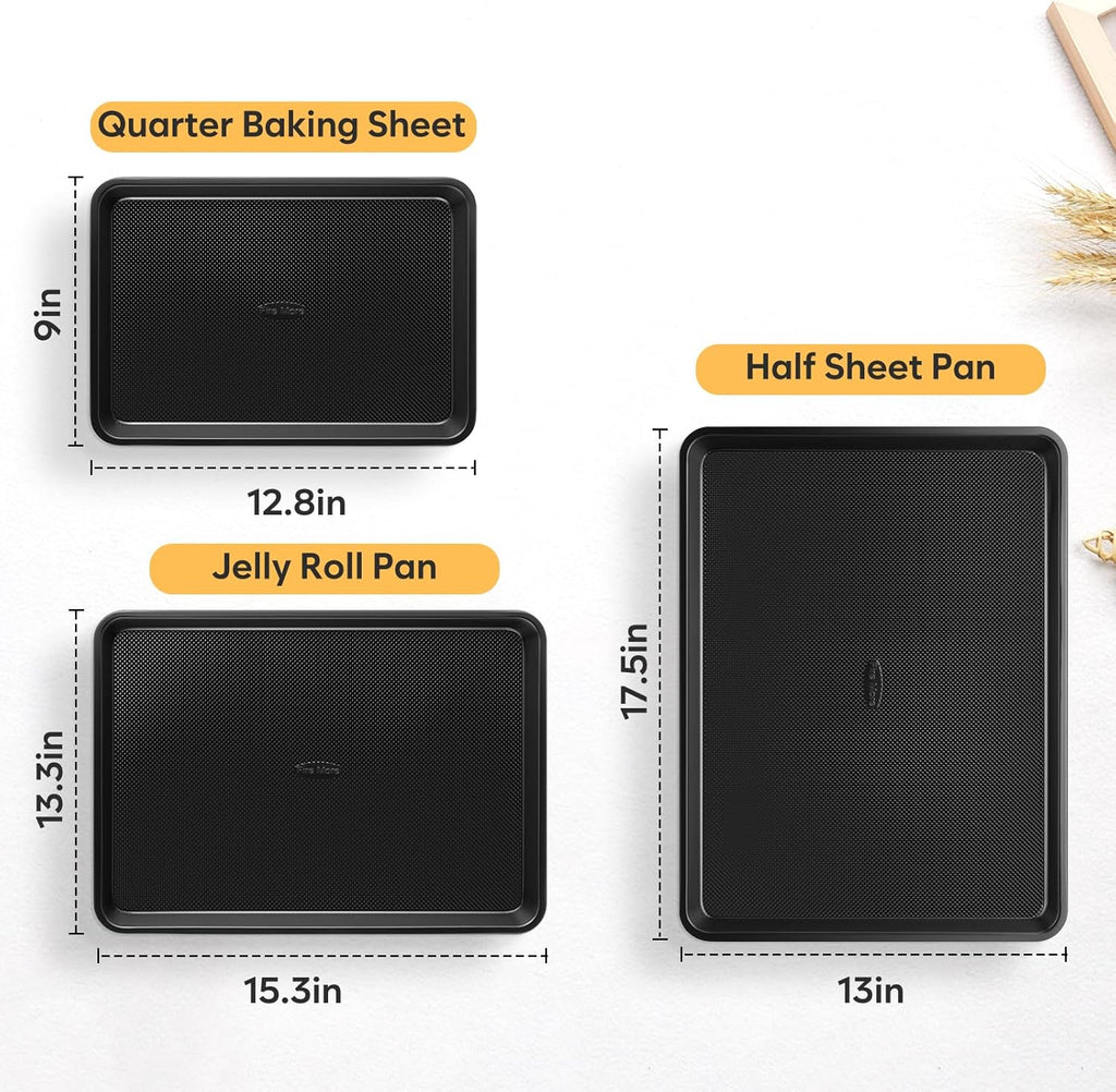Baking Sheet Pan Set of 3, Thicker Carbon Steel Cookie Sheets for Baking Non Stick with Diamond Texture Pattern, Ceramic Half/Quarter/Jelly Roll Baking Trays for Oven