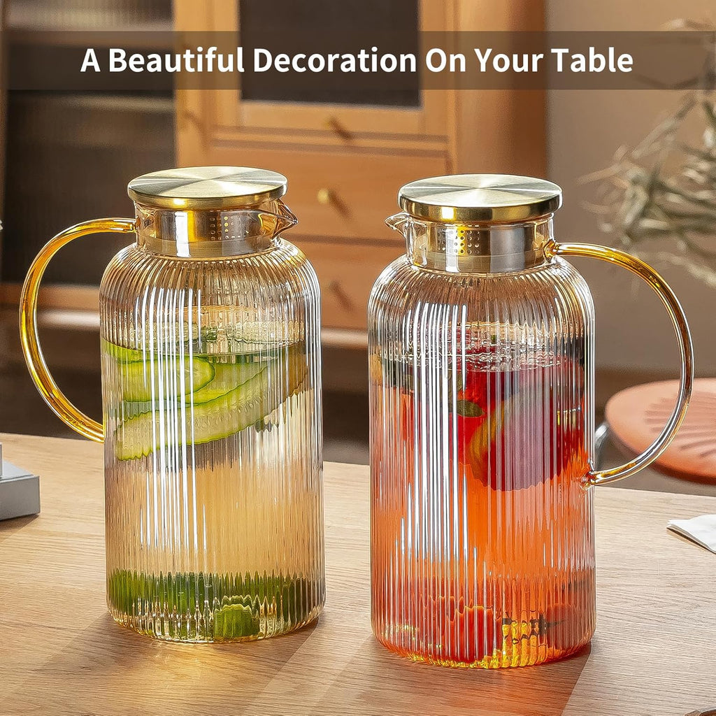 2 PACK Glass Pitcher with Lid, 68 oz/ 2 Liter Amber Classic Vertical Stripes Water Pitcher,Glass Water Carafe for Cold Brew, Coffee, Lemonade, Iced Tea,Beverage, Heat Resistant Water Glass Jug
