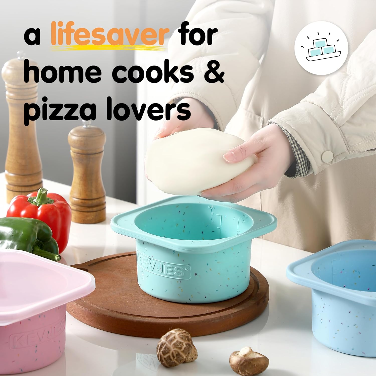 PLUS 1000ml Pizza Dough Proofing Containers for DIY family Artisan Pizza, Food Grade Silicone Stackable Boxes with Lids, Freezer, Fridge, Dishwasher Safe-Sprinkles Pattern-3 Pack (Multicolors)