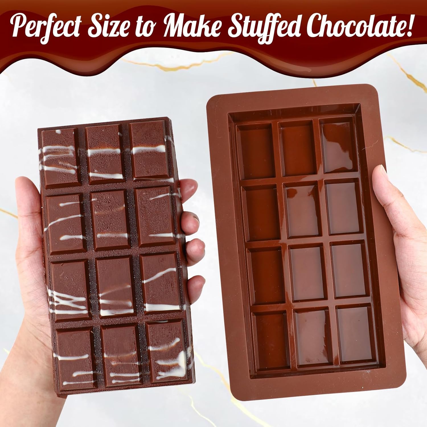 Webake 1 Inch Deep Chocolate Bar Mold 12 Snap, Large 2 Pack Silicone Thick Chocolate Bar Molds, Big Dubai Chocolate Bar Mold for Stuffed, Perfect for Filling Knafeh Pistachio