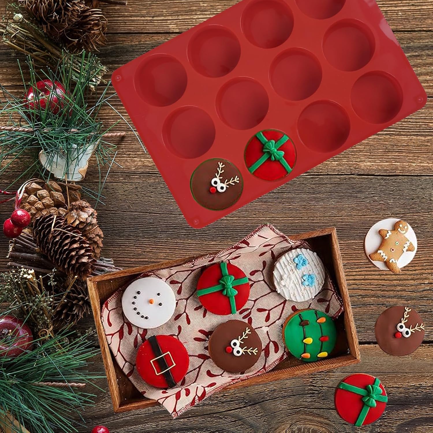 Round Chocolate Cookie Silicone Molds, New Size 12-Cavity Cylinder Chocolate Cover Cookie Silicone Molds for Candy Mini Cakes Jelly Baking (Red Blue)