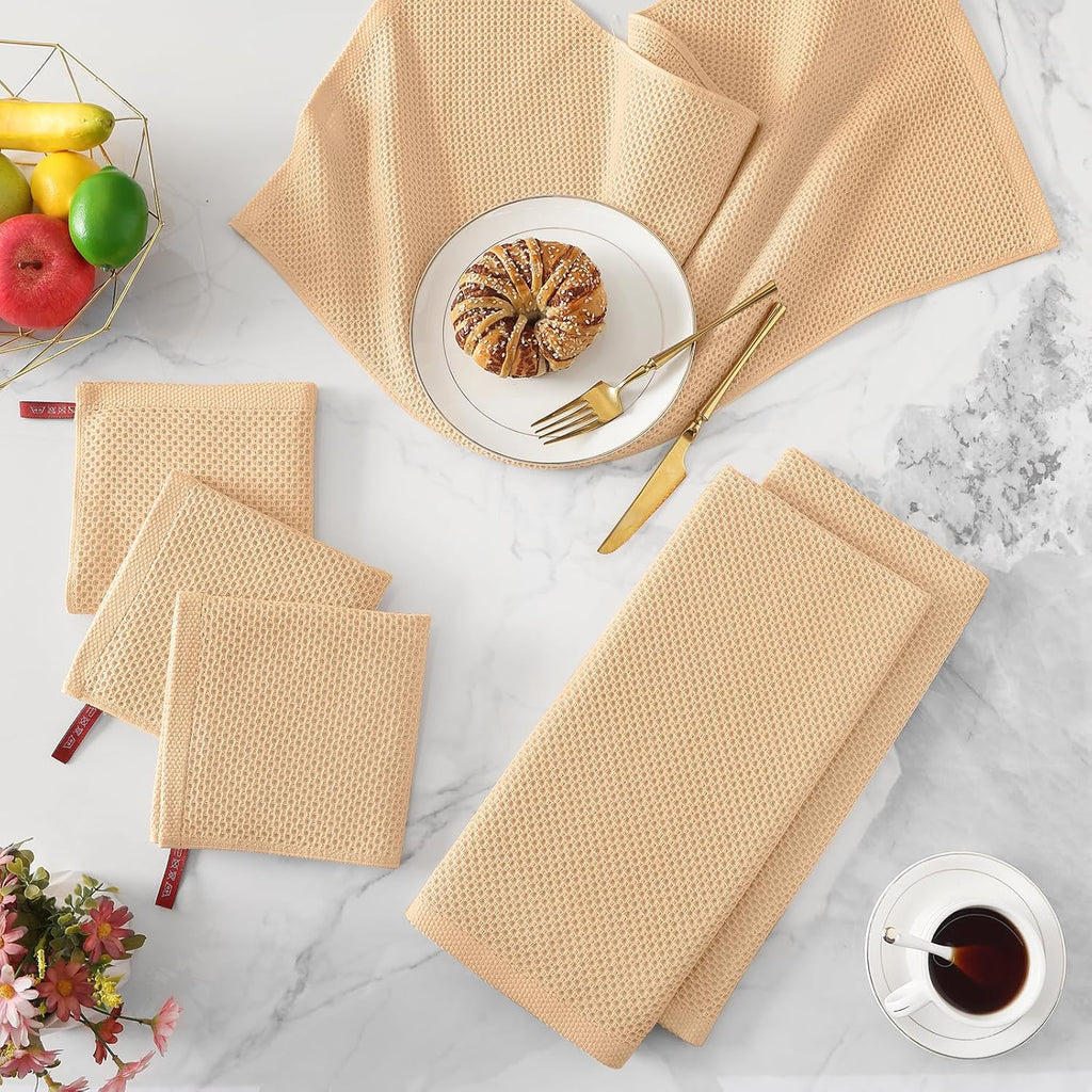 Kitinjoy 100% Cotton Waffle Weave Kitchen Towels (13 X 28 Inches, Apricot), 4-Pack Super Soft and Absorbent Dish Towel for Drying Dishes, Kitchen Hand Towels