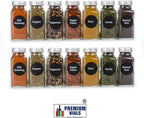 6oz, BEST VALUE 14 Large Glass Spice Jars includes pre-printed 126 Chalkboard Spice Labels plus 113 PVC Clear Labels. 14 Square Empty Jars, Airtight Cap, kitchen Funnel Pour/Sift Shakers