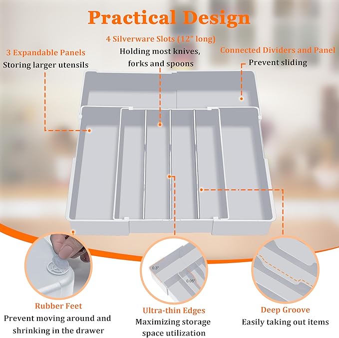 Expandable Large Silverware Organizer - BPA-Free Food-Safe Kitchen Utensil Drawer Organizer, Adjustable 4-7 Deeper Slots Cutlery Tray for Forks Knives, Kitchen Organizers and Storage Solution