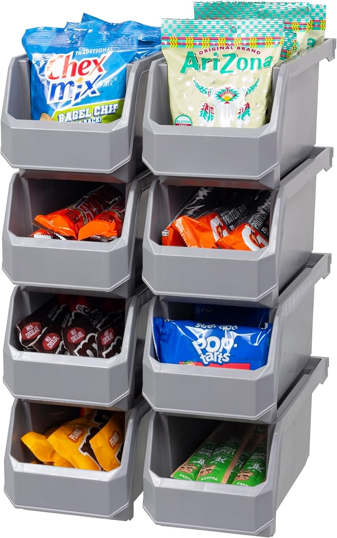 Plastic Containers for Organizing and Storage Bins for Closet, Kitchen, Office, Garage or Pantry Organization, Stackable Bins, Medium (11" x 5" x 5.5"), 8-Pack, Grey