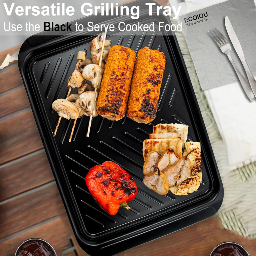 Grilling Prep and Serving Tray with Lid, BBQ Deep Tray for Marinating Raw and Cooked Food, Melamine Serving Trays for Food, Black and Red