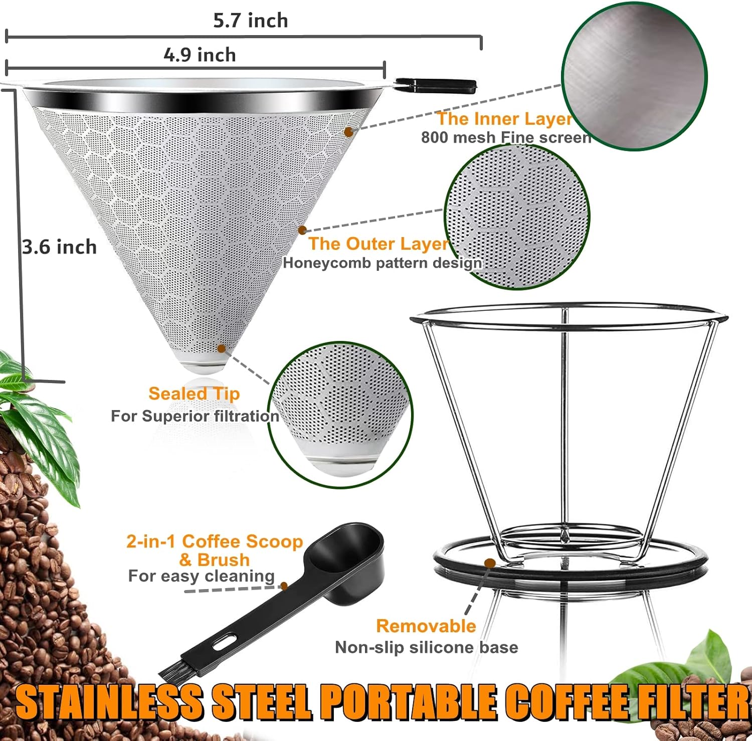 Pour Over Coffee Dripper, Reusable Cone Coffee Filter 1-4 cup, Stainless Steel Portable Coffee Filters Coffee Maker with Cleaning Brush for Home Office Travel Camping