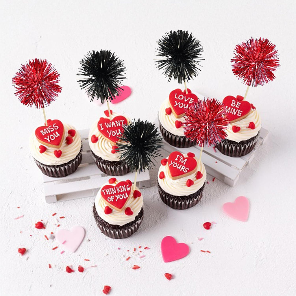 Ephlyn 30Pcs Foil Firework Cupcake Toppers Party Birthday Cake Toppers Supplies Sparkle Tinsel Cocktail Fruit Toothpick for Birthday Wedding Graduation Party Supplies Black Red