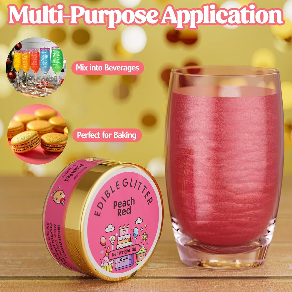 Nomeca Edible Glitter for Drinks Cakes, 8 grams Food Grade Luster Dust Sprinkles Glitter for Cake Decorations, DIY Cocktails, Beverages & Cake Decorating, Dessert Cake Topper (12-Peach Red)