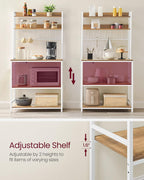 VASAGLE Hutch Bakers Rack with Power Outlet, 14 Hooks Microwave Stand, Adjustable Coffee Bar with Metal Wire Panel, Kitchen Storage Shelf, 15.7 x 31.5 x 66.9 Inches, Rustic Walnut and White UKKS025W41