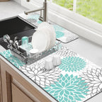 Findosom 2PCS 17" x 32" Dish Drying Mat & 24" x 5.5" Sink Splash Guard, Super Absorbent & Cuttable Dish Mat Drying Kitchen Mat with Teal Floral, Hide Stain Drying Mat for Kitchen Counter