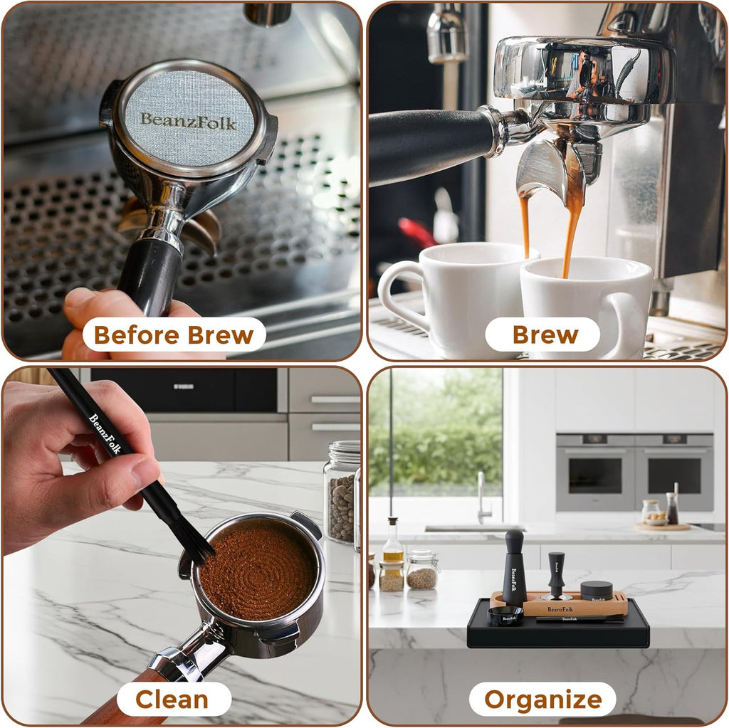 8-Piece Espresso Accessory Set – 53 mm Tools (Fits 54 mm Portafilters) – Tamper Station, Tamper, Distributor/Leveler, WDT Tool, Dosing Ring, Cleaning Brush, Puck Screen & Silicone Mat