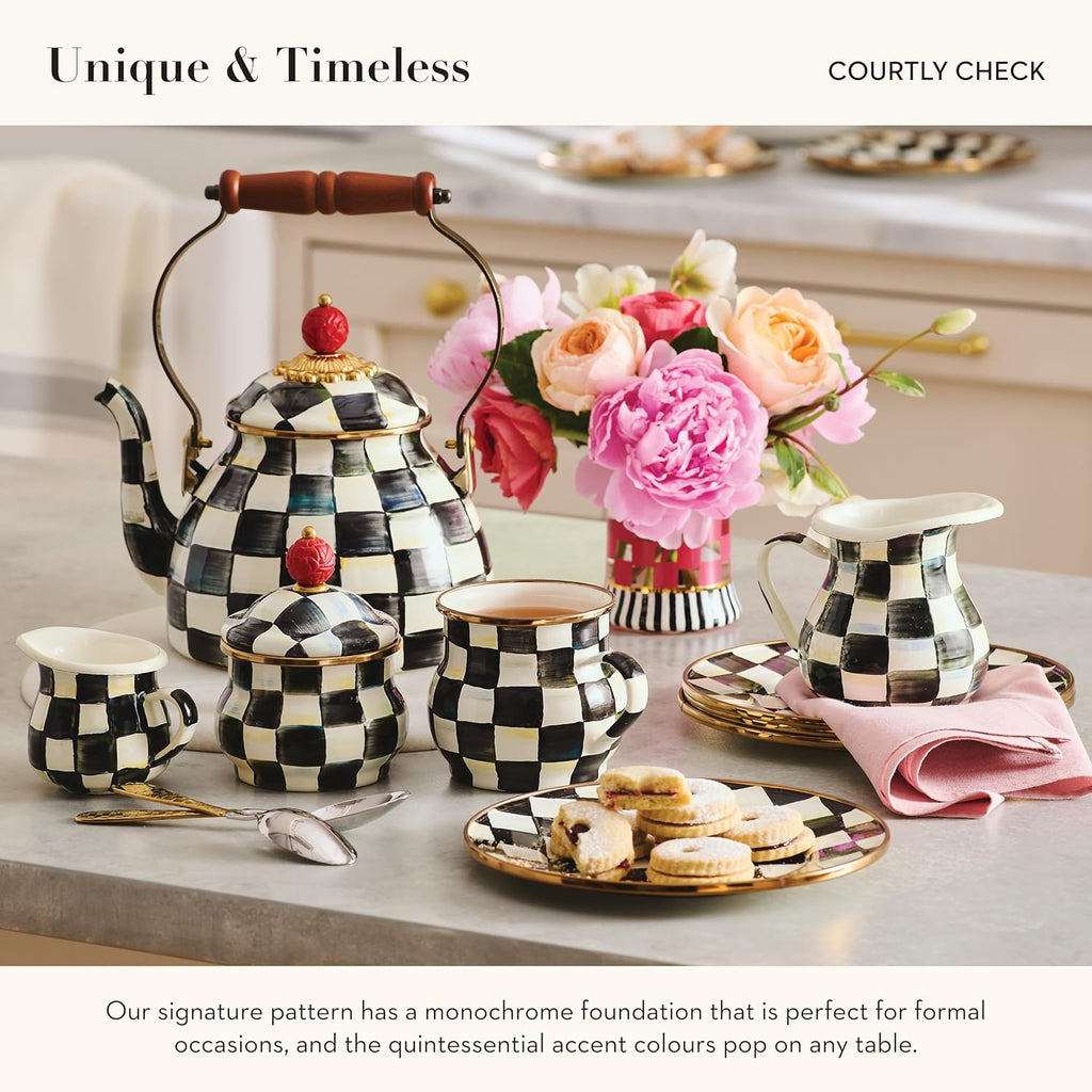MACKENZIE-CHILDS Enamel Tea Kettle, Stylish Tea Kettle for Stovetop, Black-and-White Courtly Check, 3 Quarts