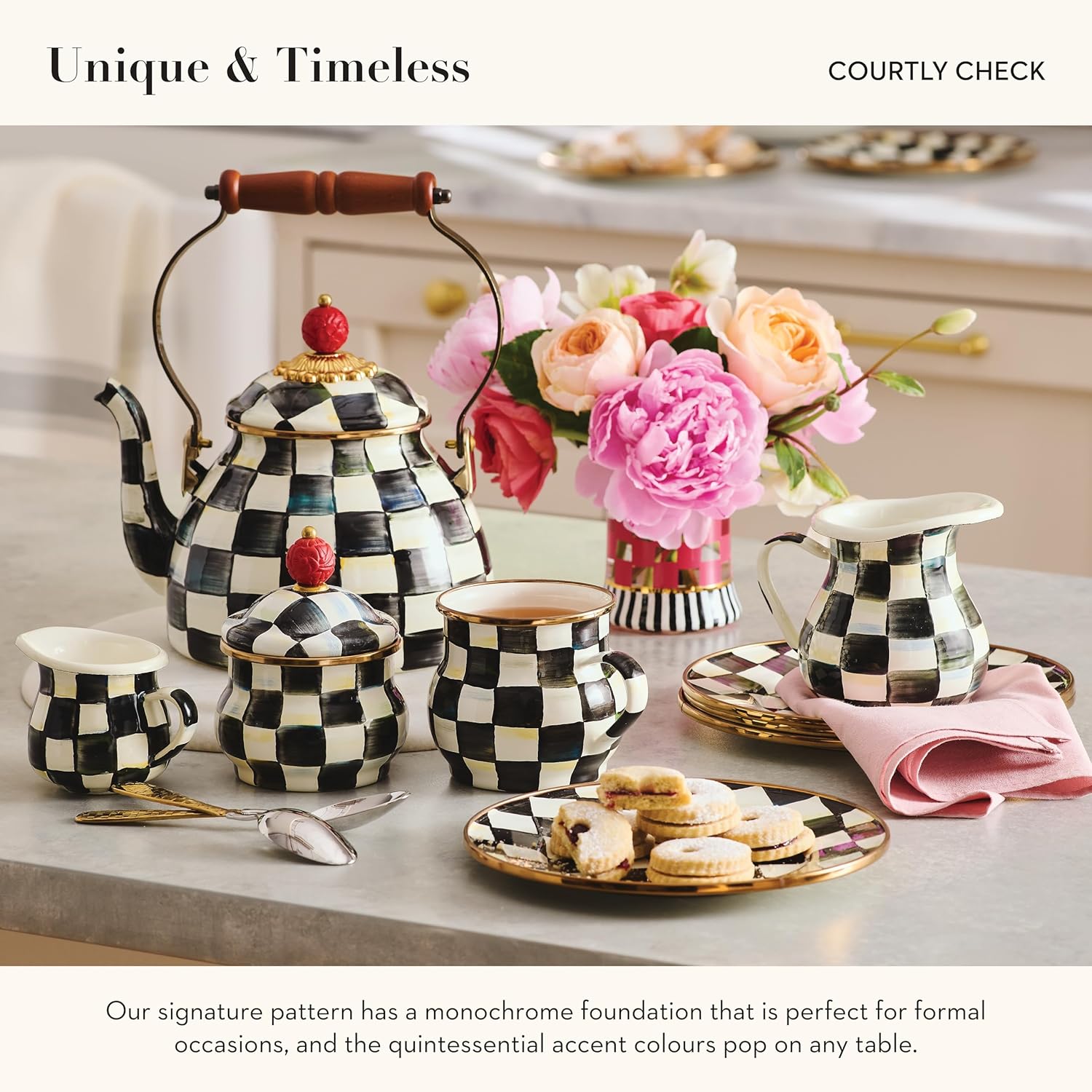 MACKENZIE-CHILDS Enamel Tea Kettle, Stylish Tea Kettle for Stovetop, Black-and-White Courtly Check, 3 Quarts