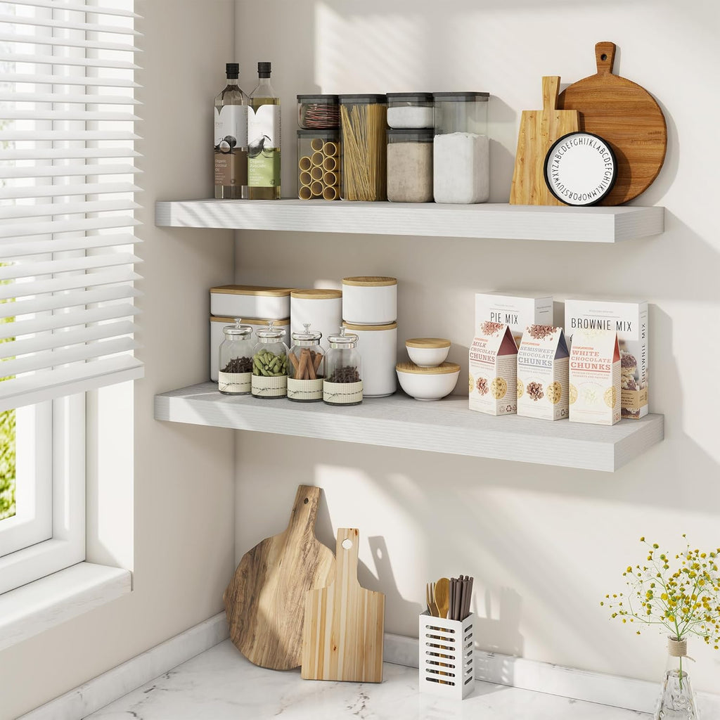 Fun Memories 32 Inch Floating Shelves for Wall, 9 Inch Deep White Rustic Wood Wall Mounted Shelves for Bathroom, Bedroom, Living Room, Set of 2